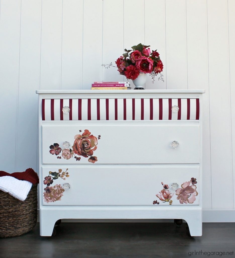 Chic DIY striped floral dresser makeover - Trash to treasure project by Girl in the Garage