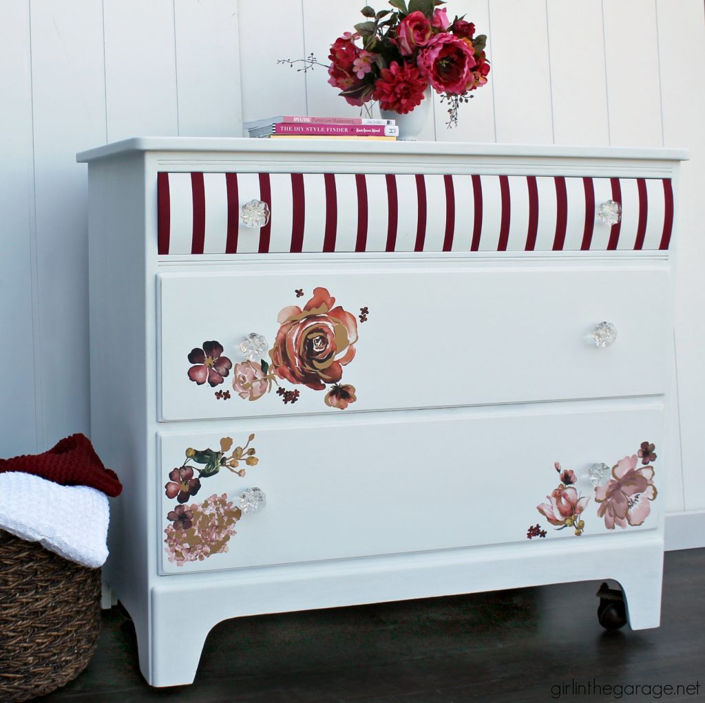 Chic DIY striped floral dresser makeover - Trash to treasure project by Girl in the Garage