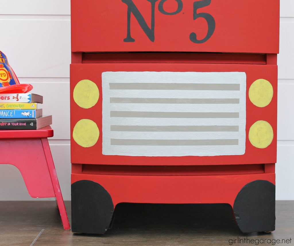 How to paint a fire truck dresser makeover for a kids room - Step by step creative DIY tutorial by Girl in the Garage