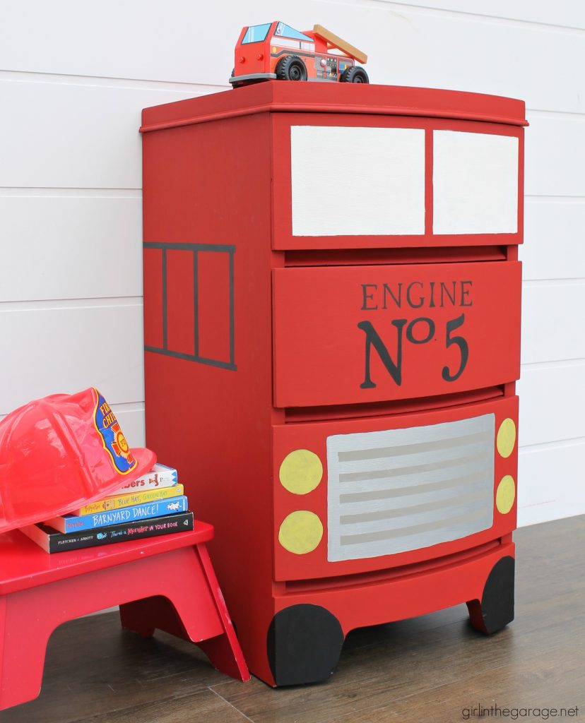 How to paint a fire truck dresser makeover for a kids room - Step by step creative DIY tutorial by Girl in the Garage