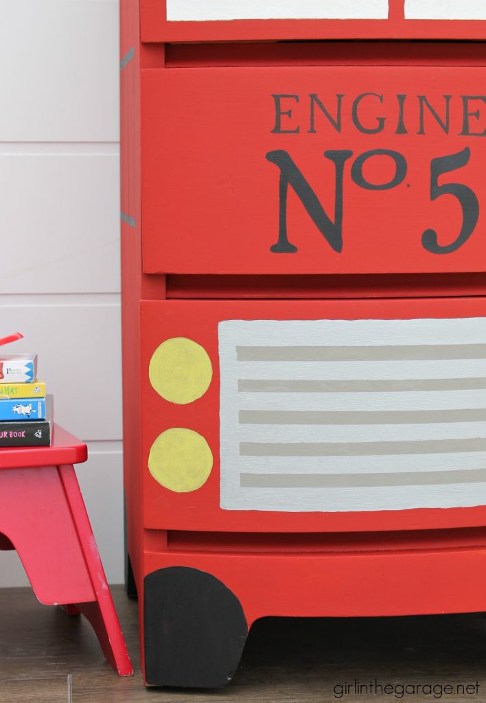 How to paint a fire truck dresser makeover for a kids room - Step by step creative DIY tutorial by Girl in the Garage