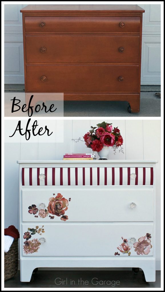 Chic DIY striped floral dresser makeover - Trash to treasure project by Girl in the Garage