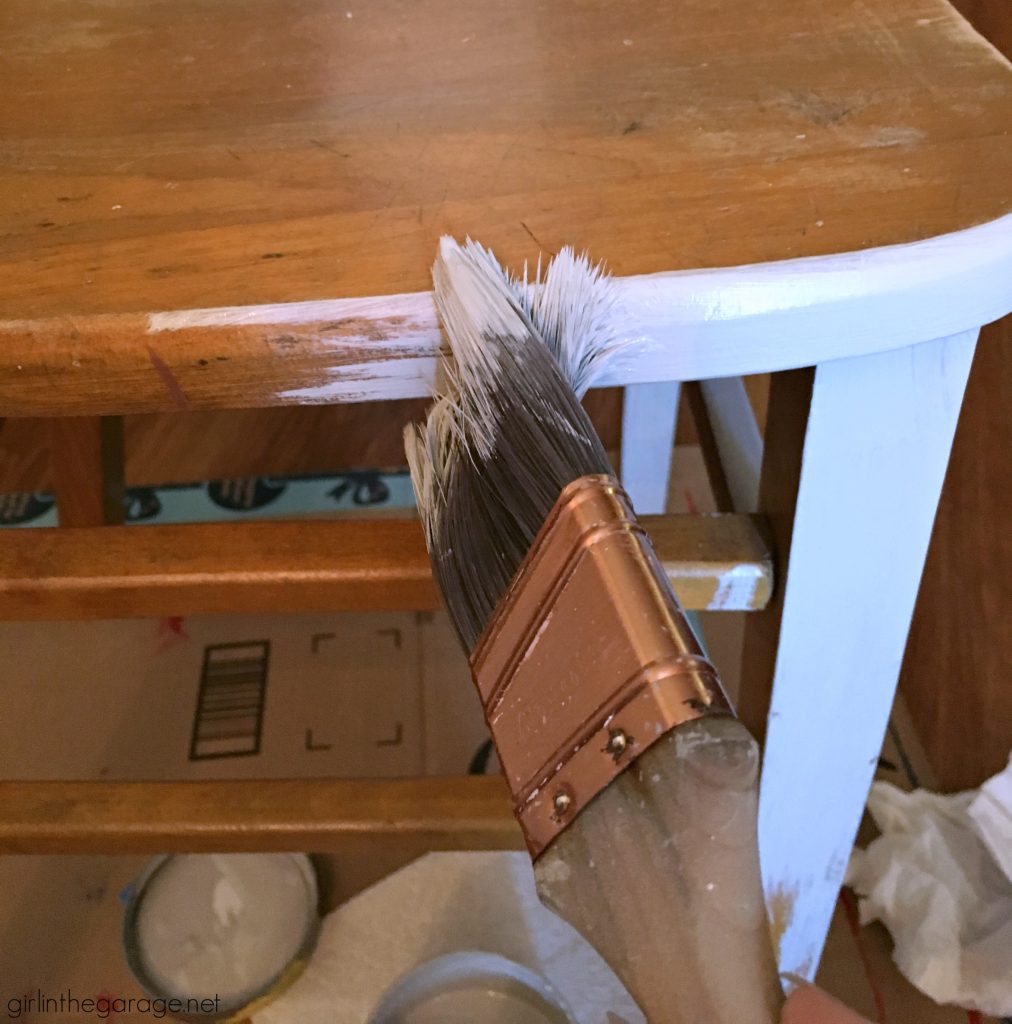 How to paint a vintage metal desk makeover tutorial with faux stained wood top - DIY tutorial by Girl in the Garage