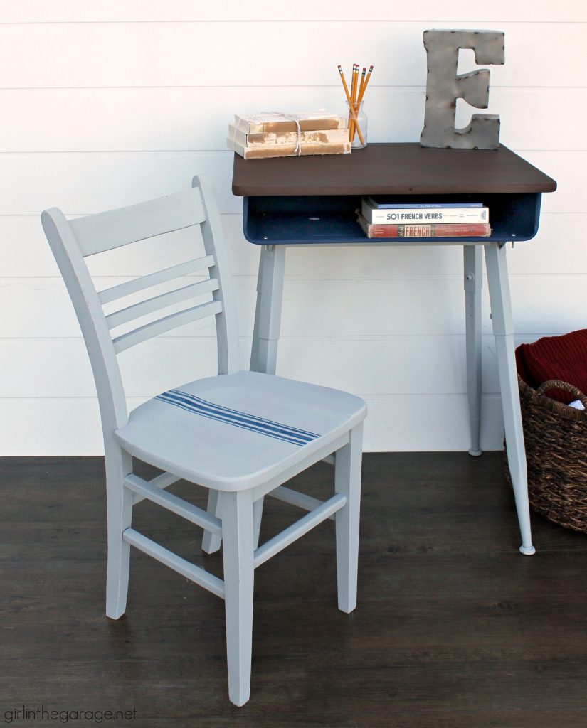 How to paint a vintage metal desk makeover tutorial with faux stained wood top - DIY tutorial by Girl in the Garage