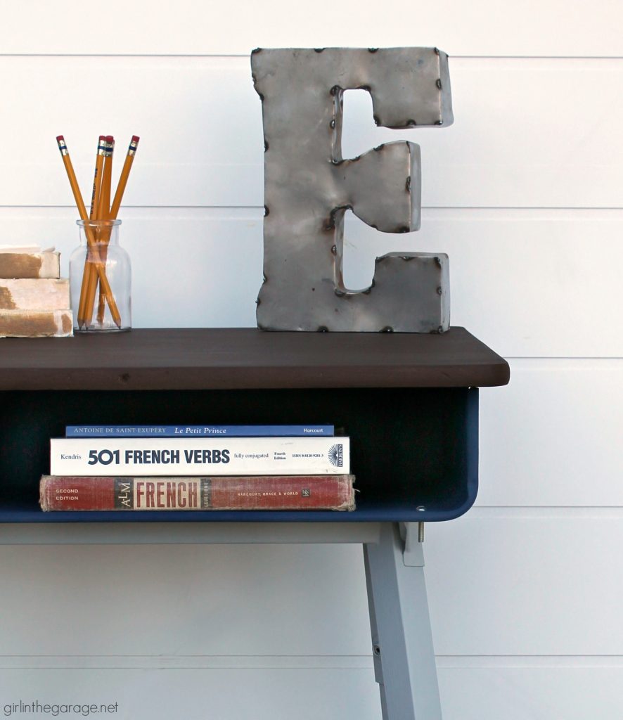 How to paint a vintage metal desk makeover tutorial with faux stained wood top - DIY tutorial by Girl in the Garage