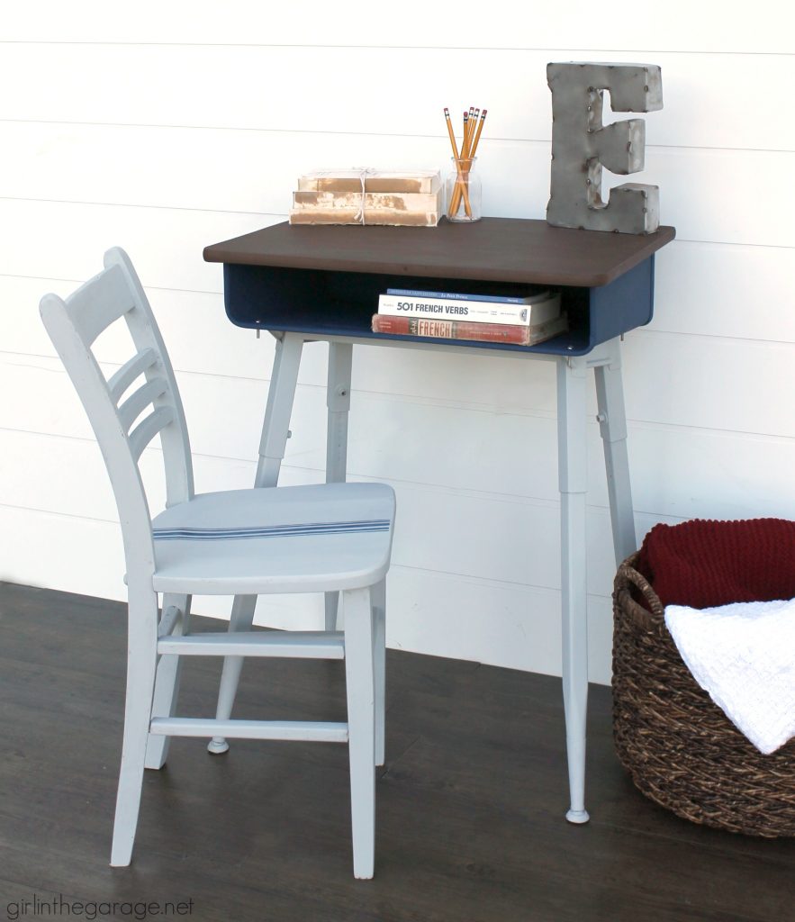 How to paint a vintage metal desk makeover tutorial with faux stained wood top - DIY tutorial by Girl in the Garage