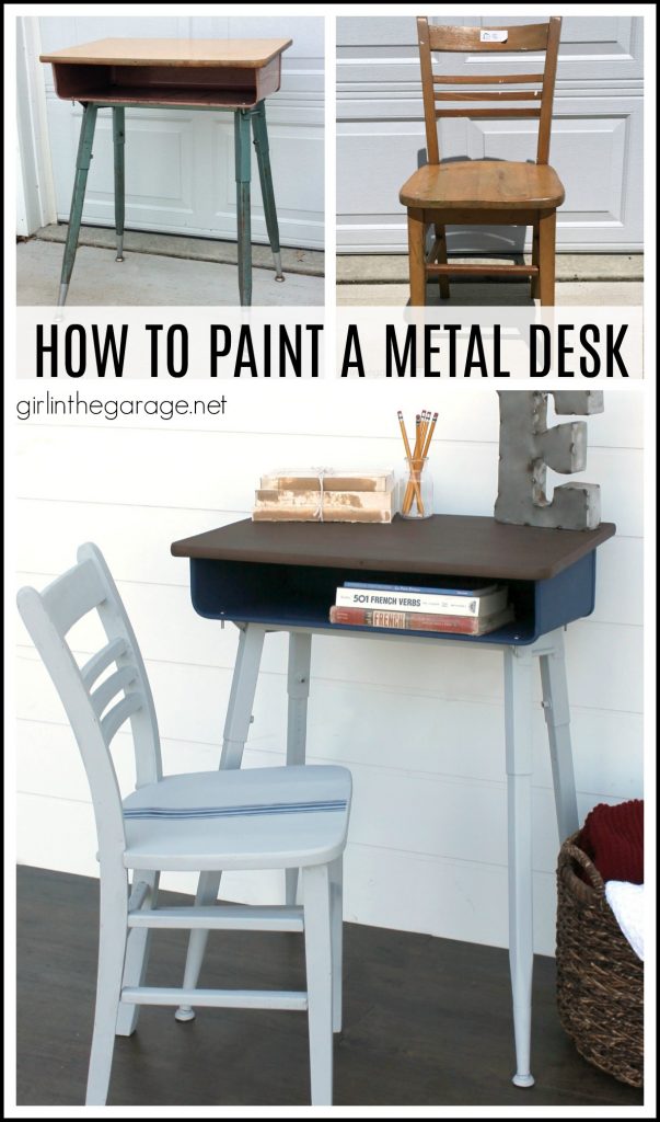 How to paint a vintage metal desk makeover tutorial with faux stained wood top - DIY tutorial by Girl in the Garage