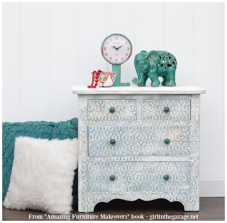 Embossed nightstand with raised stencil furniture makeover technique - from Amazing Furniture Makeovers book by Girl in the Garage