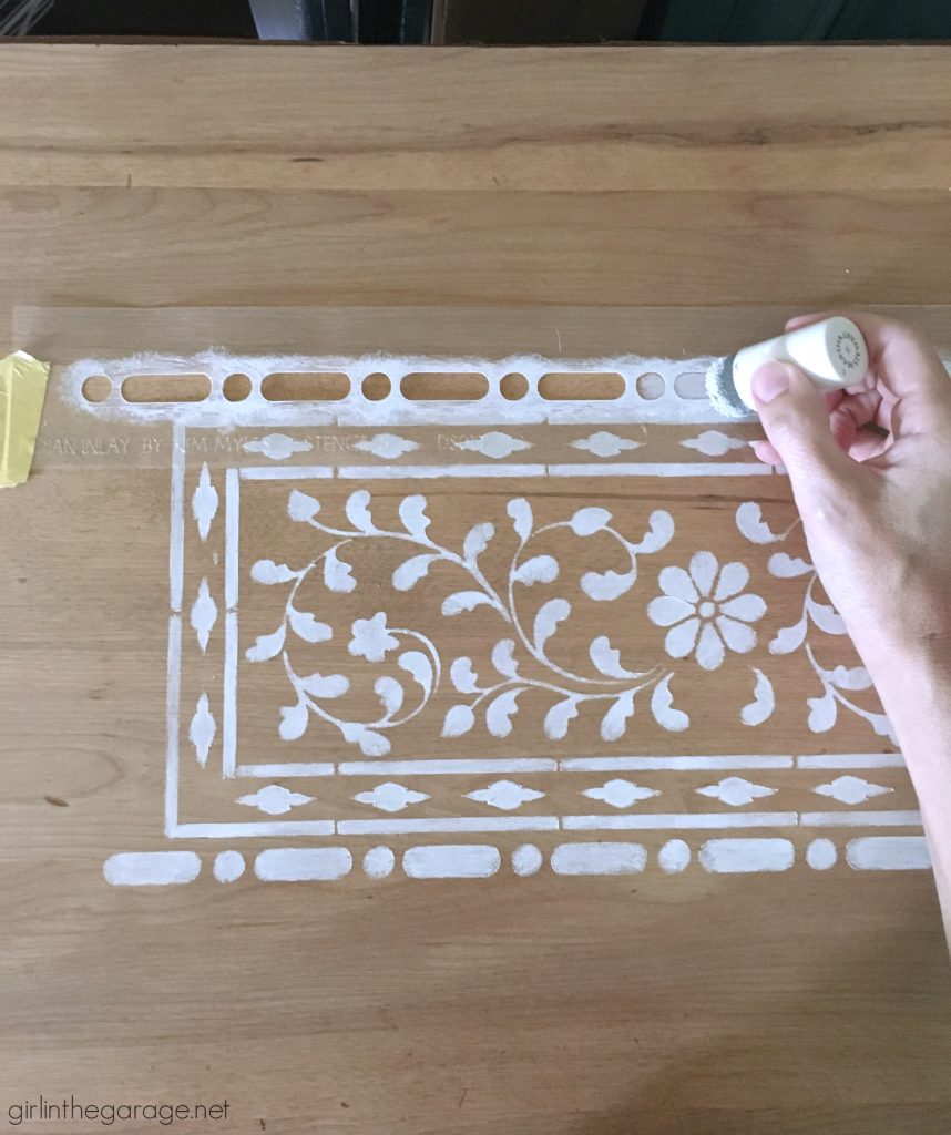 Get the high end look and stencil bone inlay furniture - for thousands less than buying the real thing! Step by step DIY tutorial by Girl in the Garage.