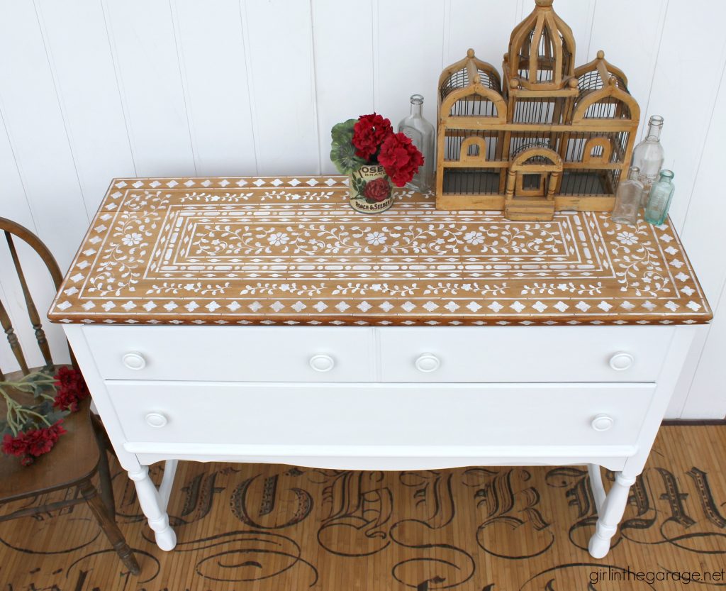 Stenciled painted sideboard makeover by Girl in the Garage