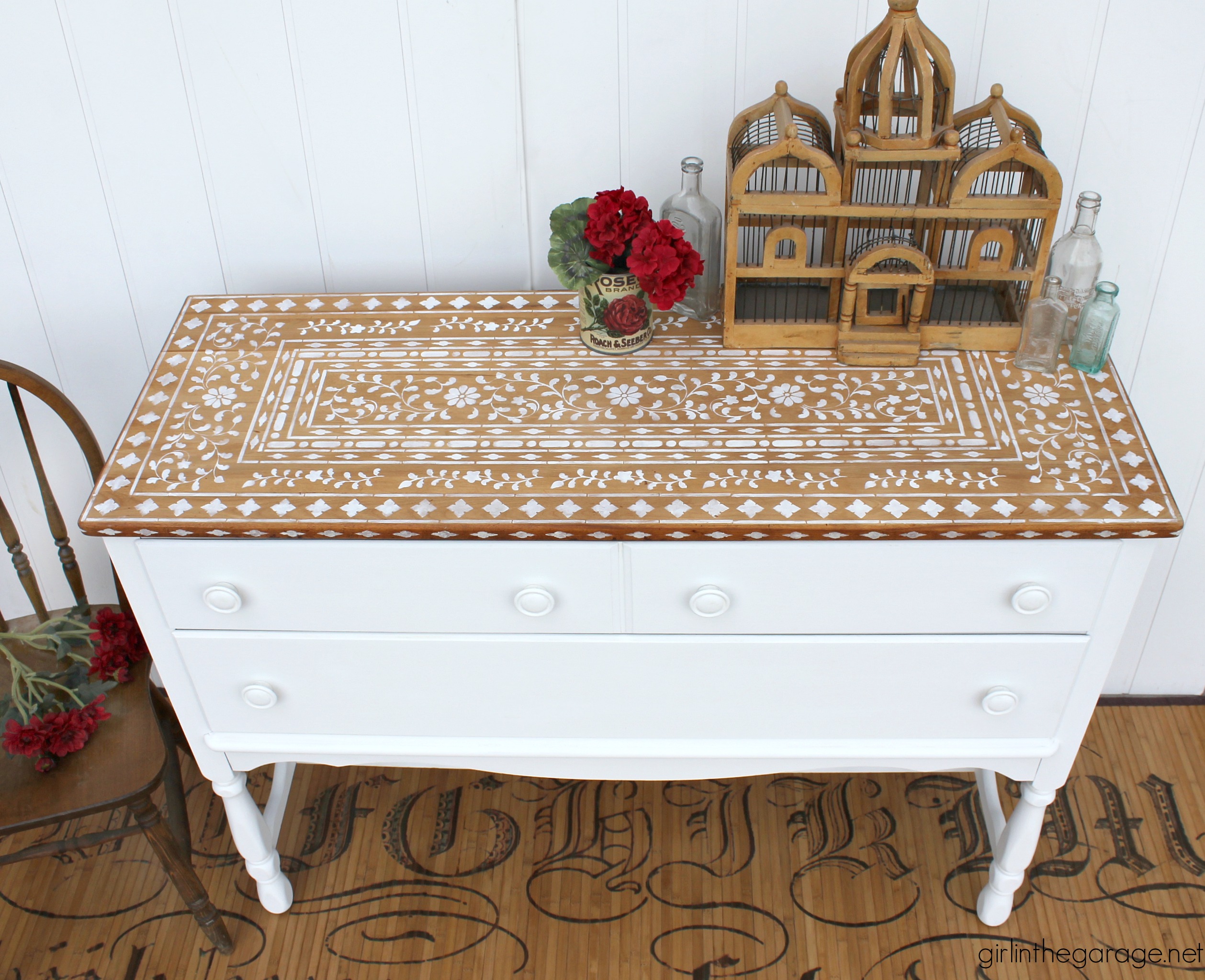 How to stencil bone inlay furniture - Stenciled table top - by Girl in the Garage