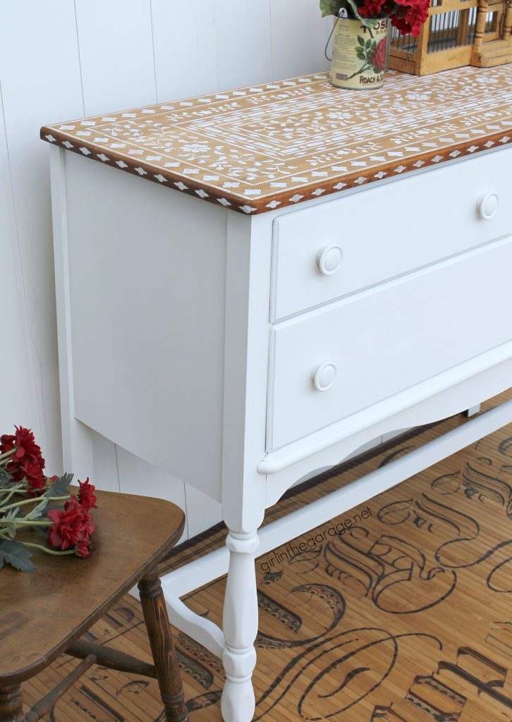 Get the high end look and stencil bone inlay furniture - for thousands less than buying the real thing! Step by step DIY tutorial by Girl in the Garage.