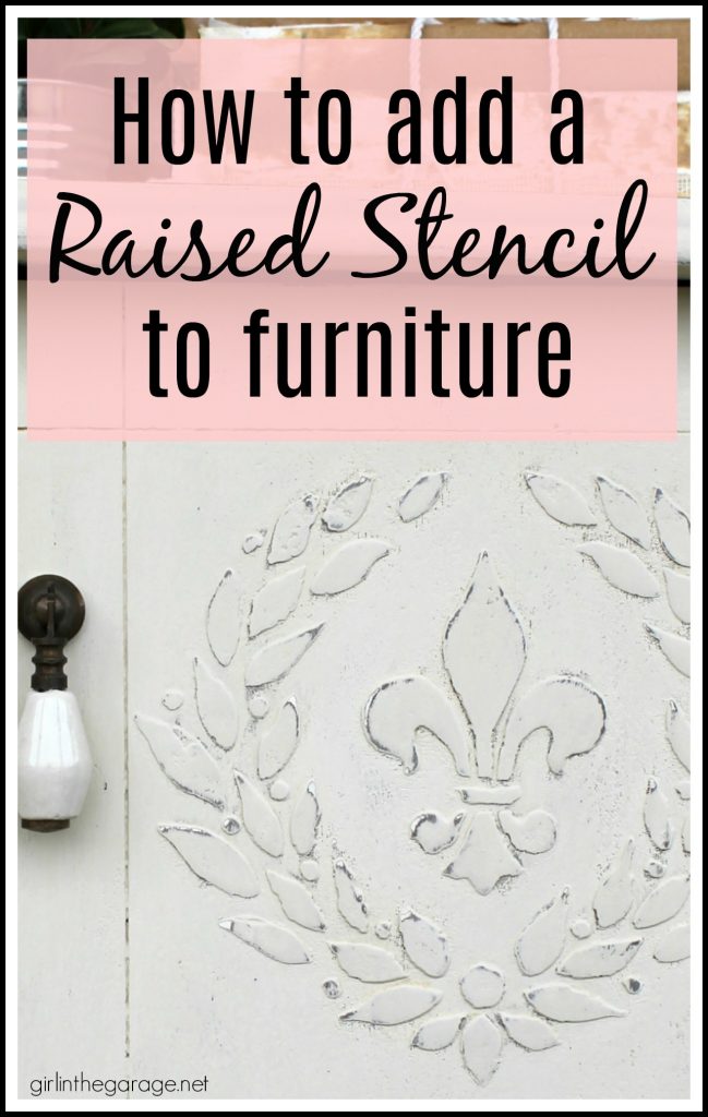 Add amazing custom texture with a raised stencil furniture makeover using spackling from the hardware store. Step by step DIY tutorial for custom embossed furniture by Girl in the Garage.