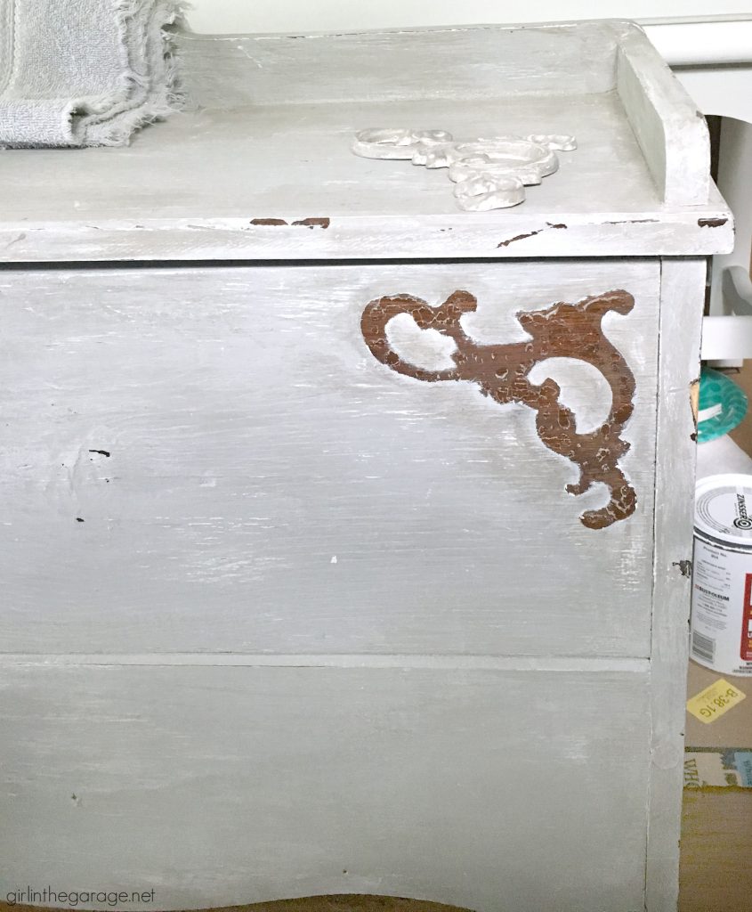 Beautiful DIY chest makeover with furniture applique and layered paints for depth and texture - How to create a French farmhouse finish by Girl in the Garage