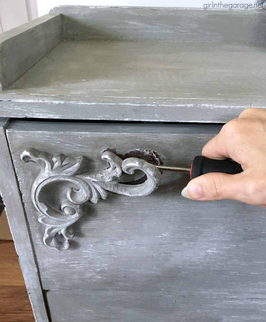 Beautiful DIY chest makeover with furniture applique and layered paints for depth and texture - How to create a French farmhouse finish by Girl in the Garage