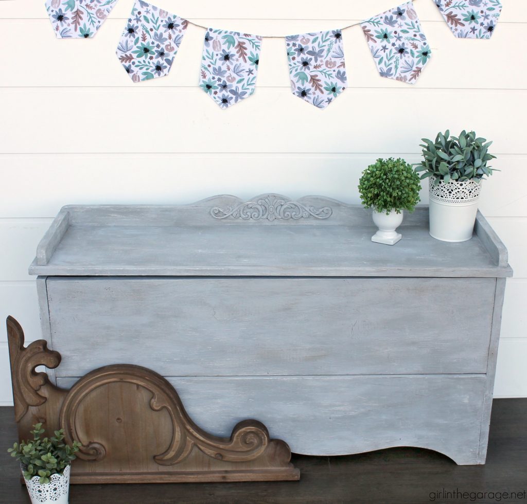 Beautiful DIY chest makeover with furniture applique and layered paints for depth and texture - How to create a French farmhouse finish by Girl in the Garage