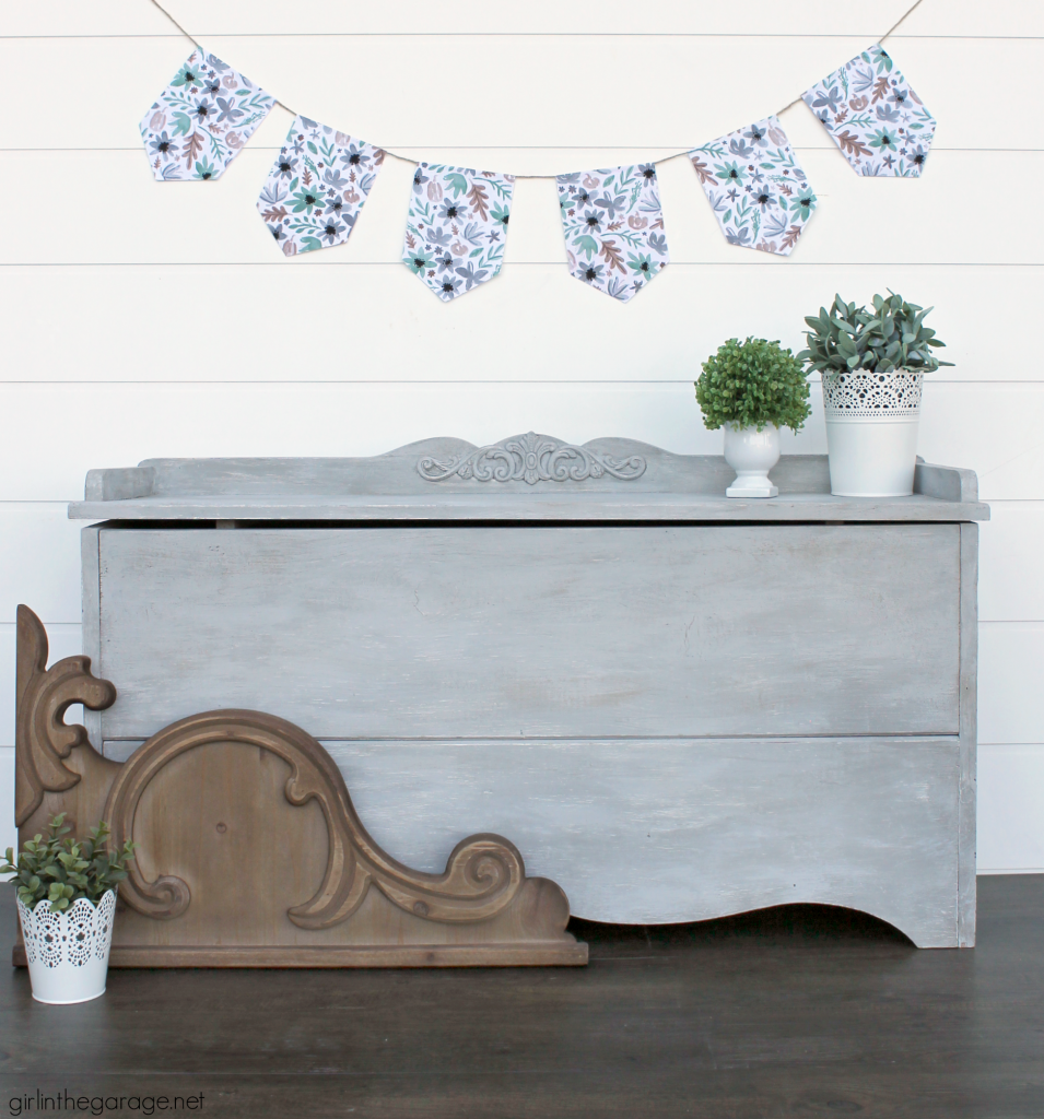 Beautiful DIY chest makeover with furniture applique and layered paints for depth and texture - How to create a French farmhouse finish by Girl in the Garage