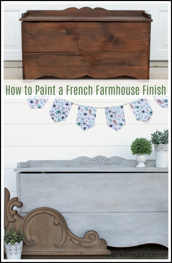 Beautiful DIY chest makeover with furniture applique and layered paints for depth and texture - How to create a French farmhouse finish by Girl in the Garage