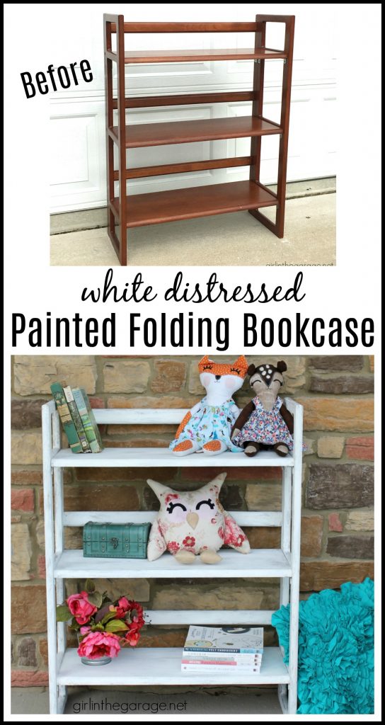 How to paint a folding bookcase with a white distressed finish. By Girl in the Garage