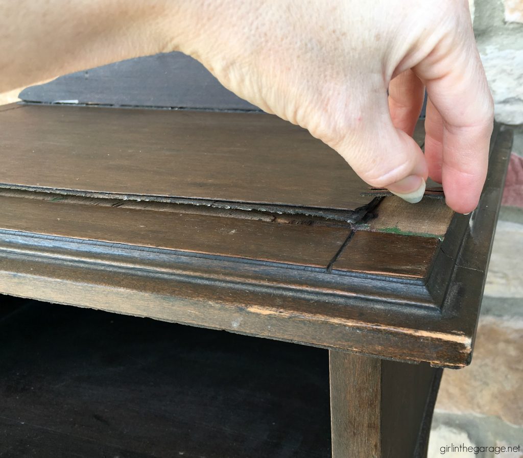 Damaged antique? How to remove and repair cracked veneer on antique table. Plus how to paint and distress (the right way). Tutorial by Girl in the Garage