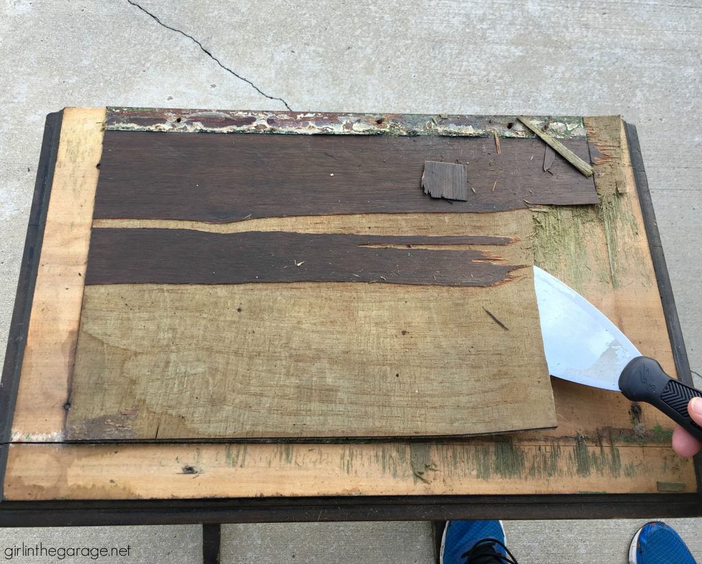 Damaged antique? How to remove and repair cracked veneer on antique table. Plus how to paint and distress (the right way). Tutorial by Girl in the Garage