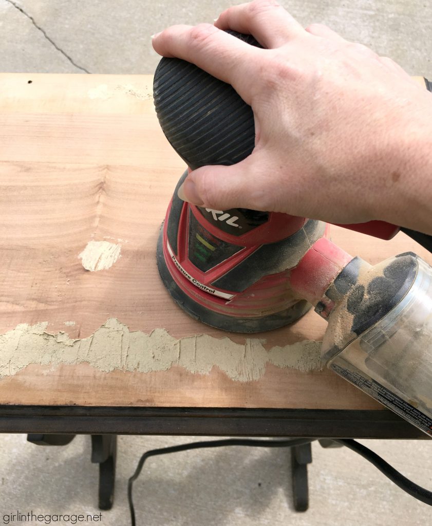 Damaged antique? How to remove and repair cracked veneer on antique table. Plus how to paint and distress (the right way). Tutorial by Girl in the Garage