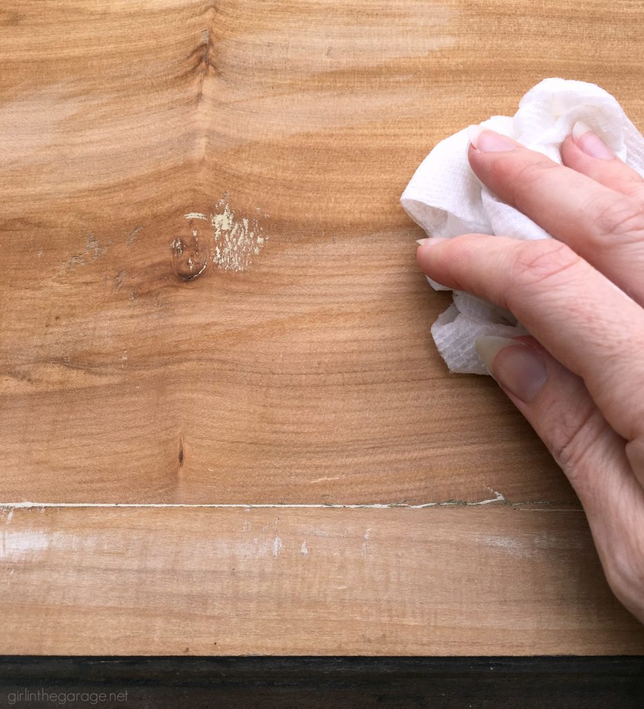 Damaged antique? How to remove and repair cracked veneer on antique table. Plus how to paint and distress (the right way). Tutorial by Girl in the Garage