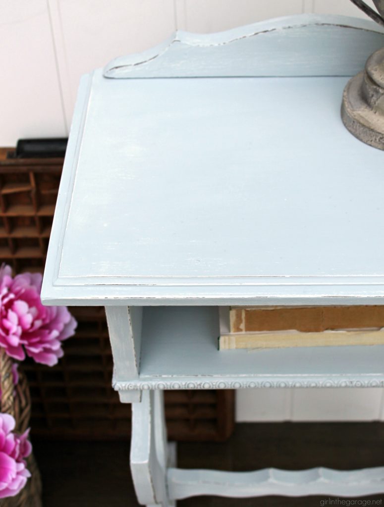 Damaged antique? How to remove and repair cracked veneer on antique table. Plus how to paint and distress (the right way). Tutorial by Girl in the Garage