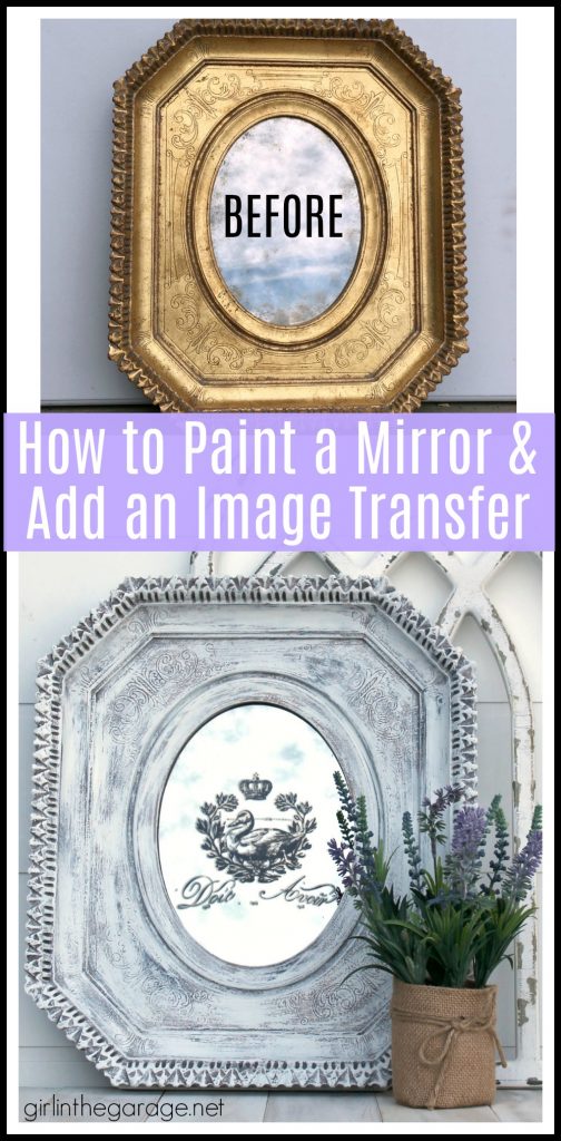 Easily update a thrifted mirror with this painted mirror makeover tutorial with rub-on image transfer. Get a dramatic look with little effort. By Girl in the Garage