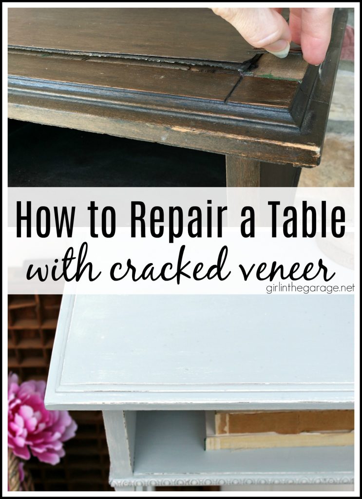 Damaged antique? How to remove and repair cracked veneer on antique table. Plus how to paint and distress (the right way). Tutorial by Girl in the Garage