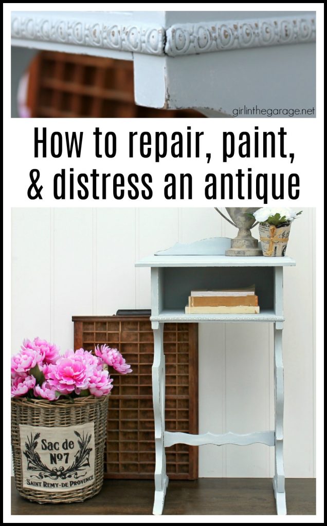 Damaged antique? How to remove and repair cracked veneer on antique table. Plus how to paint and distress (the right way). Tutorial by Girl in the Garage