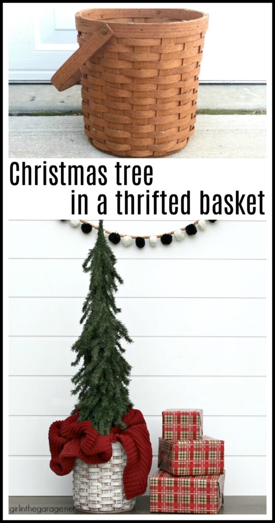 For cozy Christmas decor, learn how to use a thrifted basket as a DIY Christmas tree basket stand. An easy project with beautiful results. DIY furniture makeover and decor ideas by Girl in the Garage