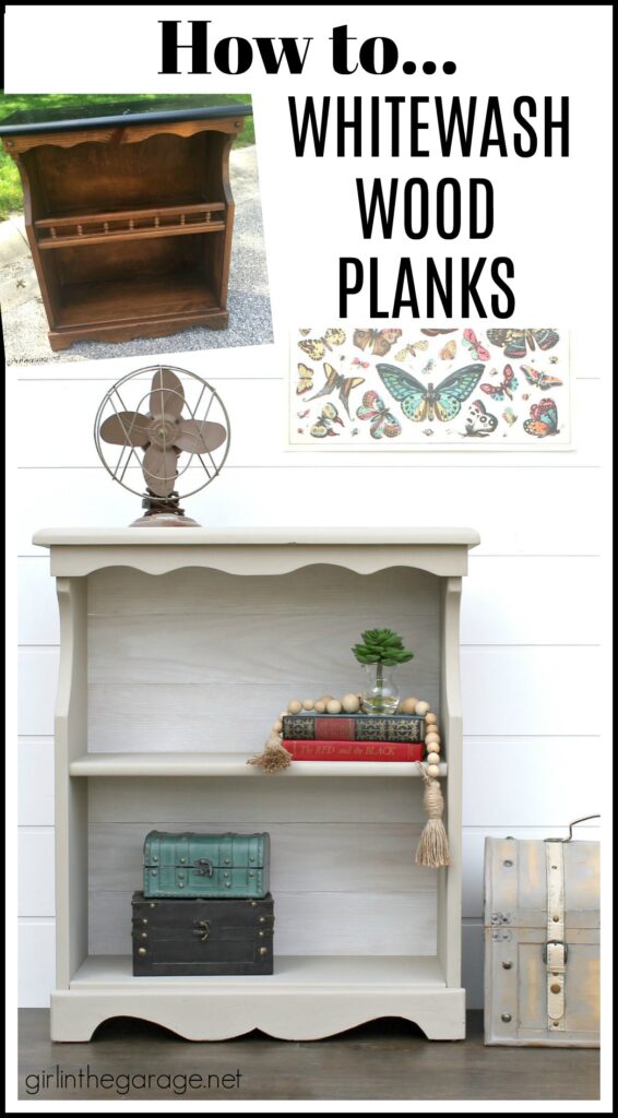 Learn how to easily whitewash wood planks for a gorgeous updated furniture makeover. DIY furniture makeover tutorial by Girl in the Garage.