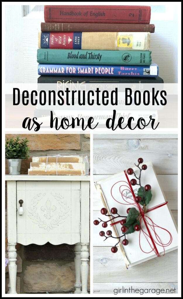 Easy creative ideas for DIY repurposed book projects - How to transform an ugly discarded book into chic home decor. DIY furniture makeover and decor ideas by Girl in the Garage