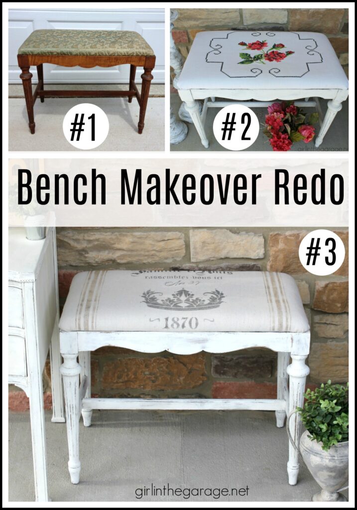 14 Creative DIY bench makeover ideas for your next thrifty furniture makeover project. Tips for upholstery, wood, headboard, and stenciled benches. DIY furniture makeover and decor ideas by Girl in the Garage.