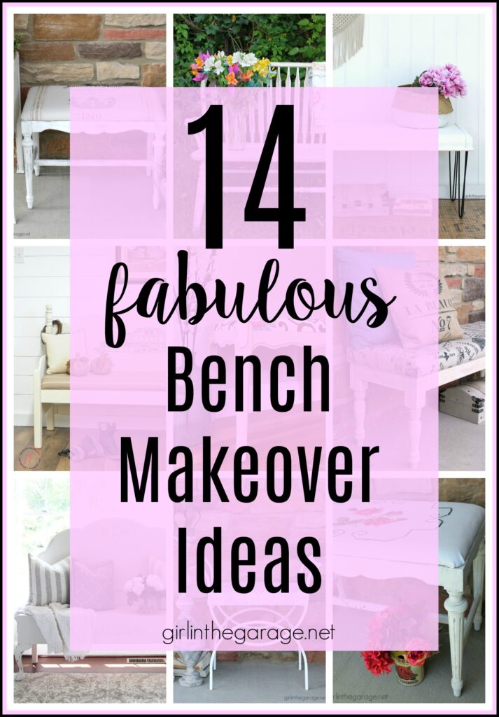 14 Creative DIY bench makeover ideas for your next thrifty furniture makeover project. Tips for upholstery, wood, headboard, and stenciled benches. DIY furniture makeover and decor ideas by Girl in the Garage.