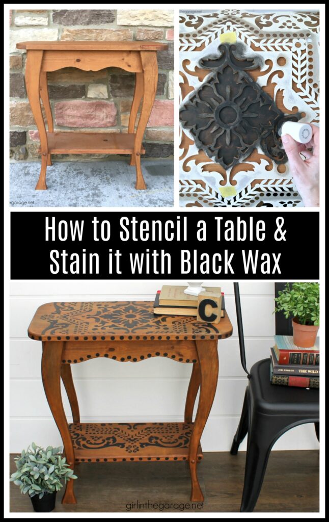 Love the black wood stain look? Learn how to stencil a table and easily stain wood black with furniture wax. By Girl in the Garage