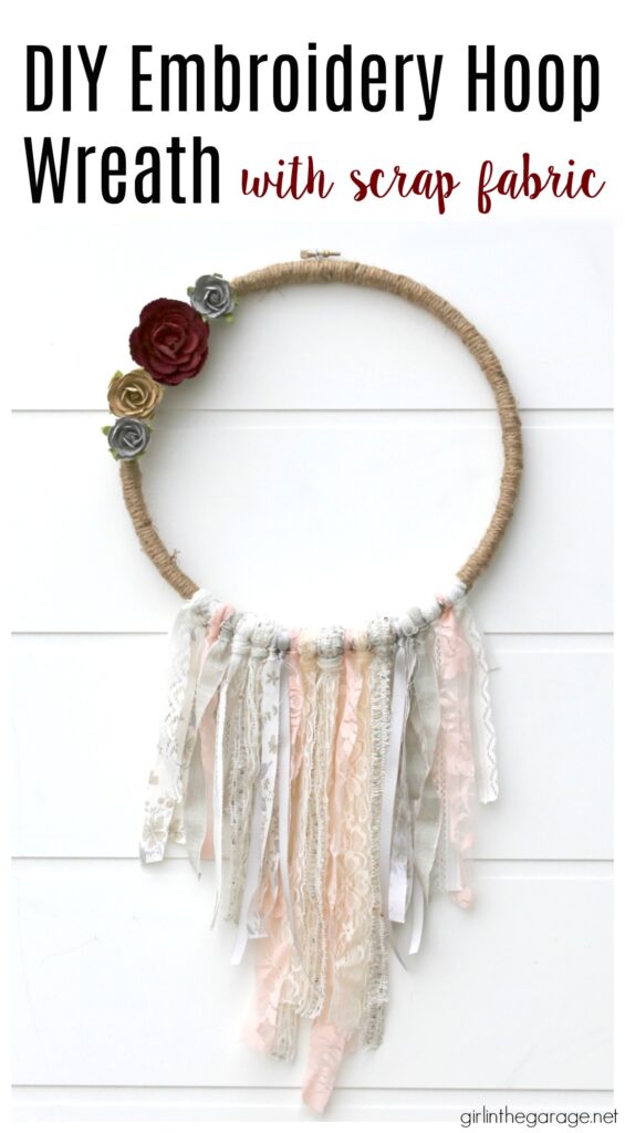 Huge fabric stash? Use your fabric scraps along with ribbon and lace to make a stunning DIY embroidery hoop wreath. Add some flowers for fun! DIY decor ideas by Girl in the Garage