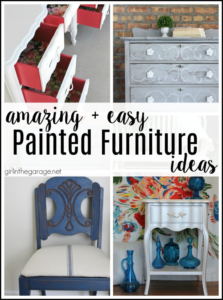 Easy painted furniture ideas for dressers, tables, chairs, desks, bookcases, and benches. By Girl in the Garage