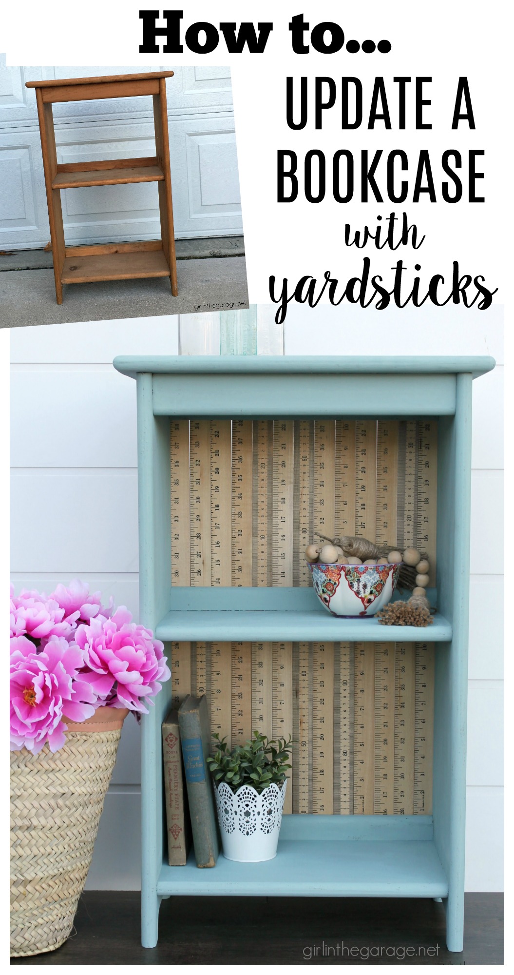 Give an old bookcase pizzazz with Chalk Paint and repurposed yardsticks. This easy painted furniture makeover idea oozes vintage charm. By Girl in the Garage