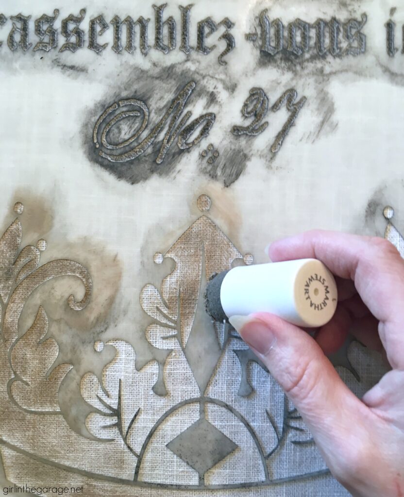 Make custom DIY home decor - learn how to stencil pillows on IKEA products. Gorgeous vintage inspired French throw pillows by Girl in the Garage.