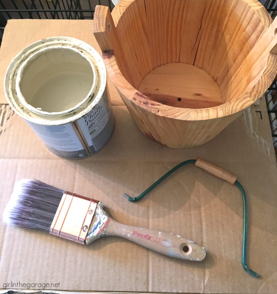 How to Chalk Paint and stencil a wooden bucket for flowers. Creative DIY home decor ideas by Girl in the Garage