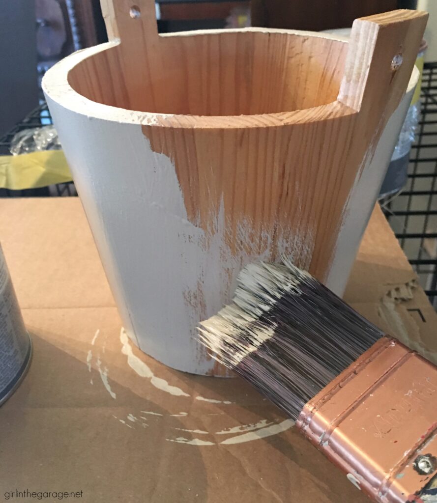 How to Chalk Paint and stencil a wooden bucket for flowers. Creative DIY home decor ideas by Girl in the Garage