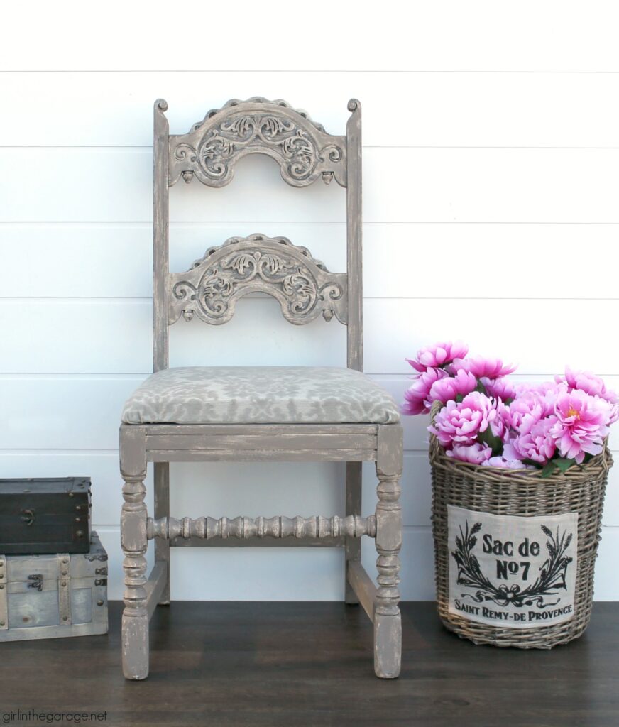 Gorgeous painted antique chair makeover with Chalk Paint and reupholstered seat. Furniture makeover and DIY decor ideas by Girl in the Garage.