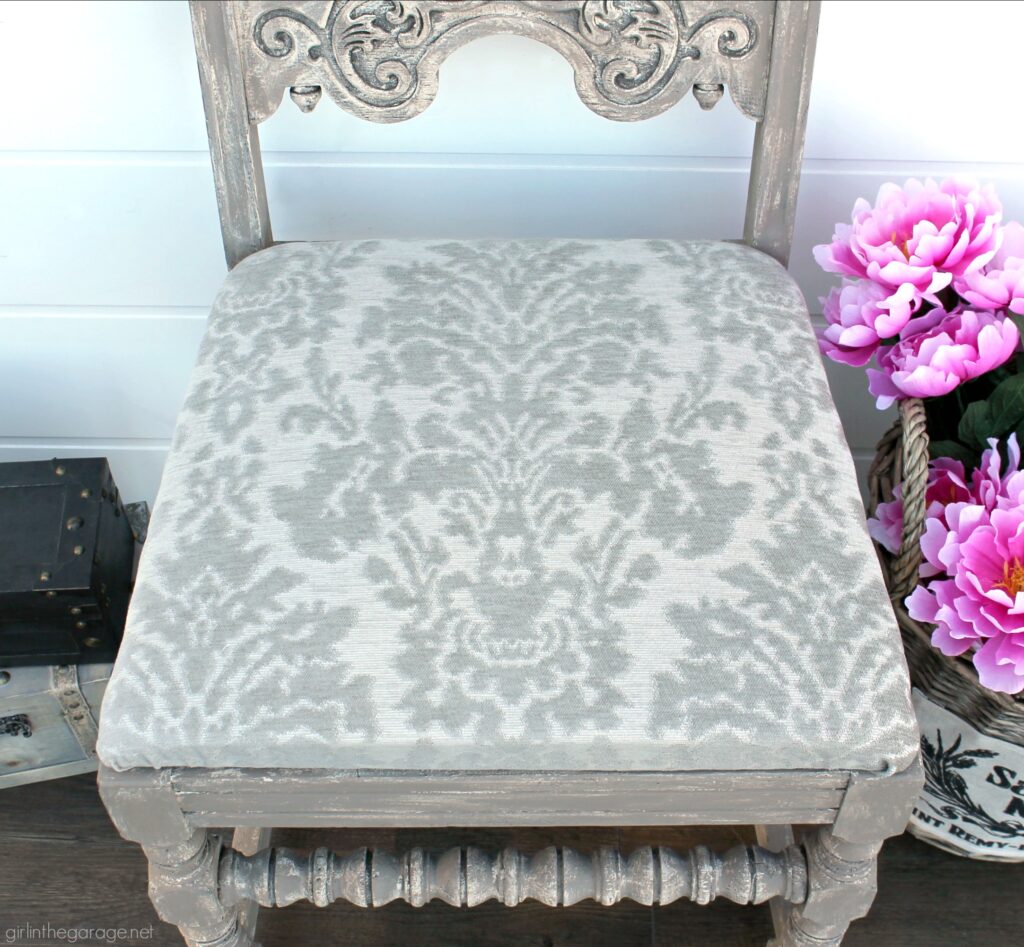 Gorgeous painted antique chair makeover with Chalk Paint and reupholstered seat. Furniture makeover and DIY decor ideas by Girl in the Garage.