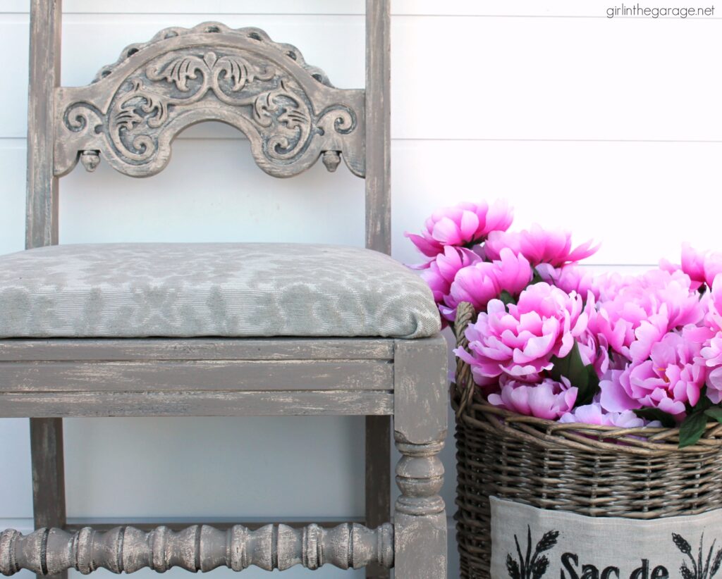 Gorgeous painted antique chair makeover with Chalk Paint and reupholstered seat. Furniture makeover and DIY decor ideas by Girl in the Garage.