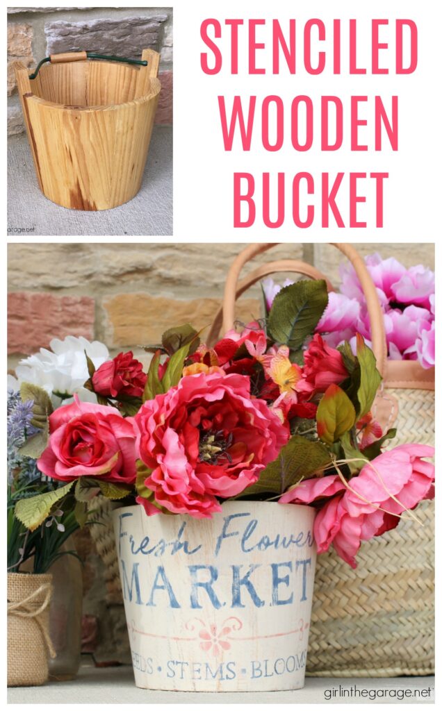 Create a gorgeous home for your flowers with this stenciled wooden flower bucket project. It's easy and beautiful decor. DIY home decor ideas by Girl in the Garage