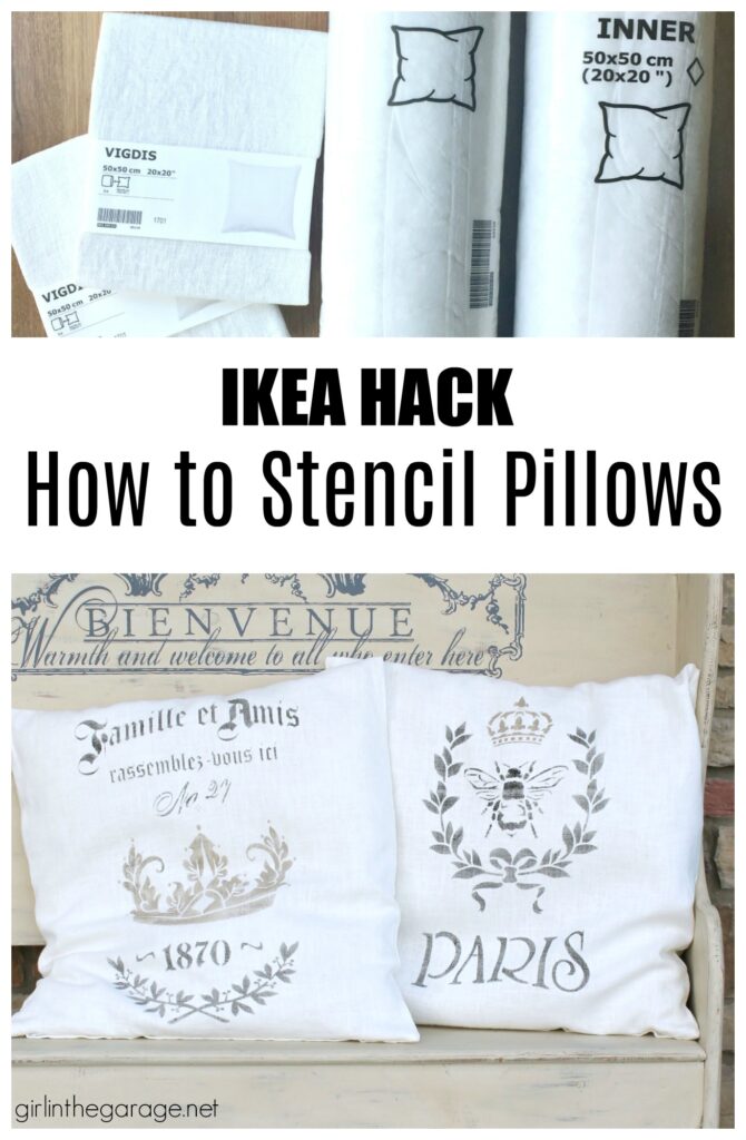 Make custom DIY home decor - learn how to stencil pillows as an IKEA hack. Gorgeous vintage inspired French throw pillows by Girl in the Garage.