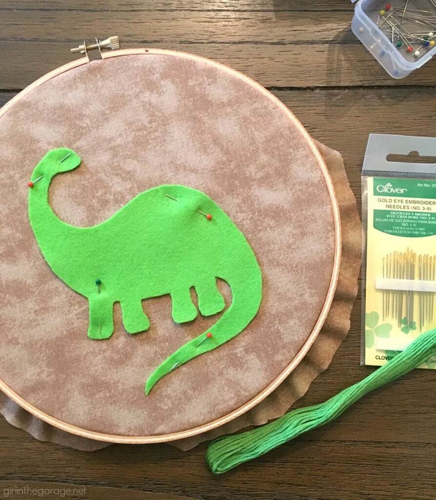 Dinosaur felt embroidery art - by Girl in the Garage