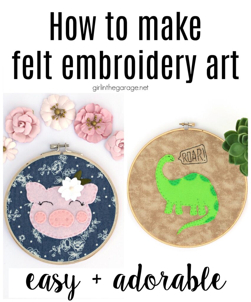 Learn how to make easy and adorable felt embroidery wall art - whimsical creatures, flowers and plants, food, household items, and quotes. Fun for kids too! Projects by Girl in the Garage